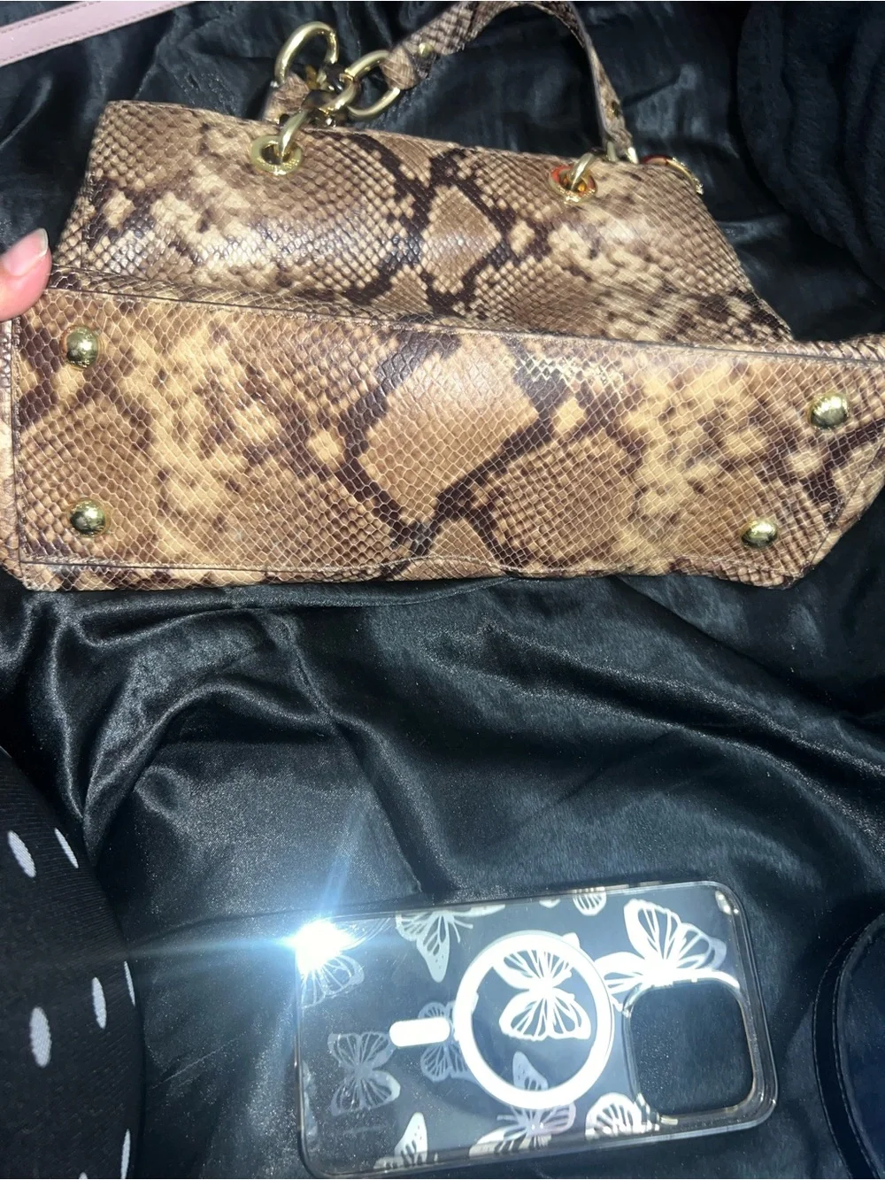 Michael Kors Brown Snake-Print Satchel with Gold Hardware